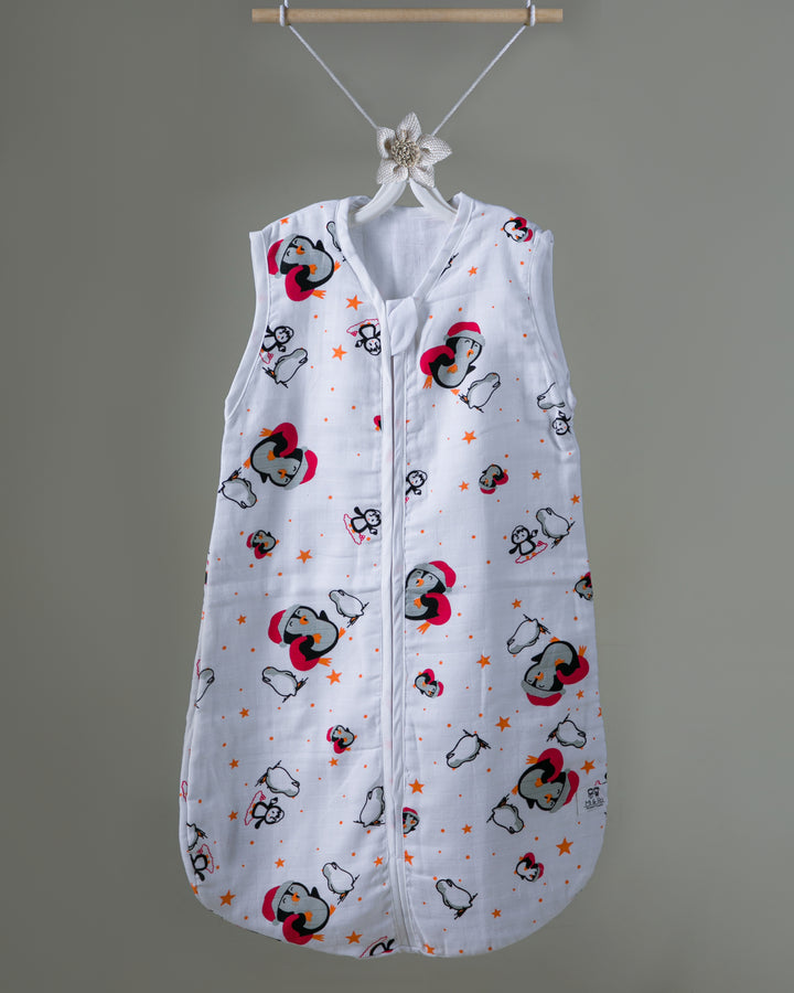 Mi and Ra Premium Muslin Front Zip Sleeping Bag - Penguin Print | 0 m - 15 m