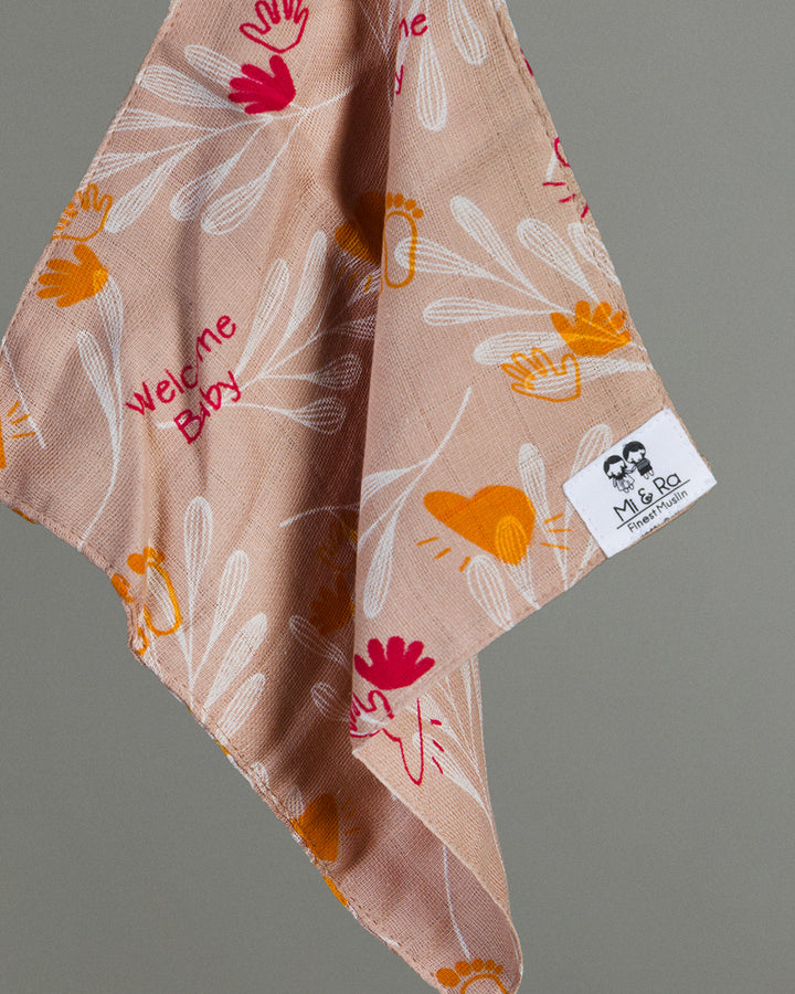 Mi and Ra Premium Muslin Wipe Cloth - Welcome Baby Yellow Heart Print | 12 cm